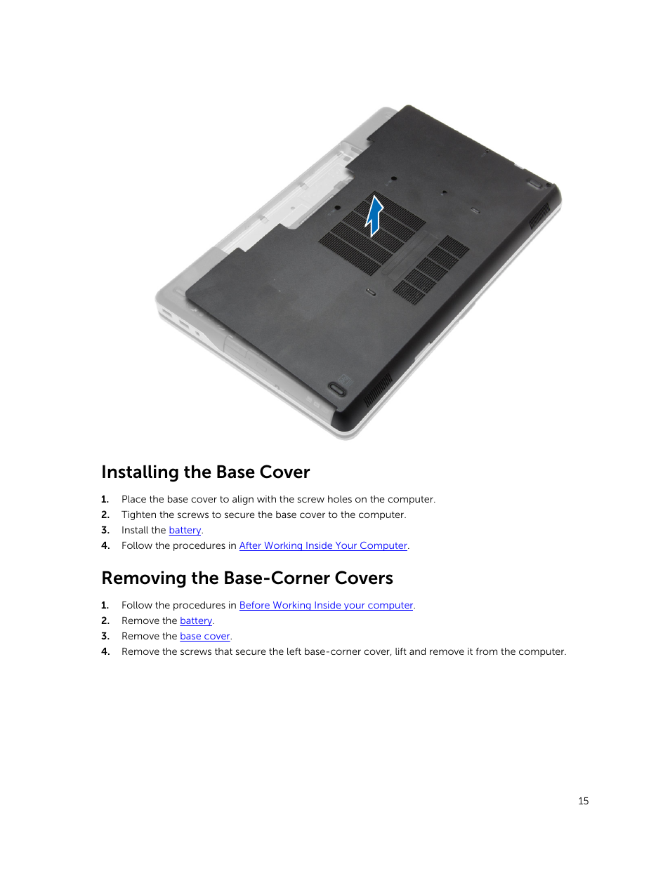Installing the base cover, Removing the base-corner covers | Dell Precision M2800 (Early 2014) User Manual | Page 15 / 73