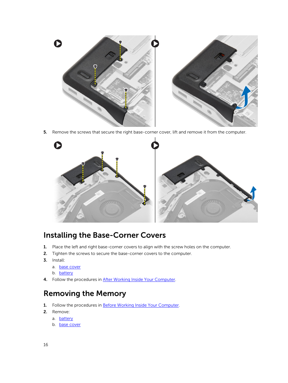 Installing the base-corner covers, Removing the memory | Dell Precision M2800 (Early 2014) User Manual | Page 16 / 73