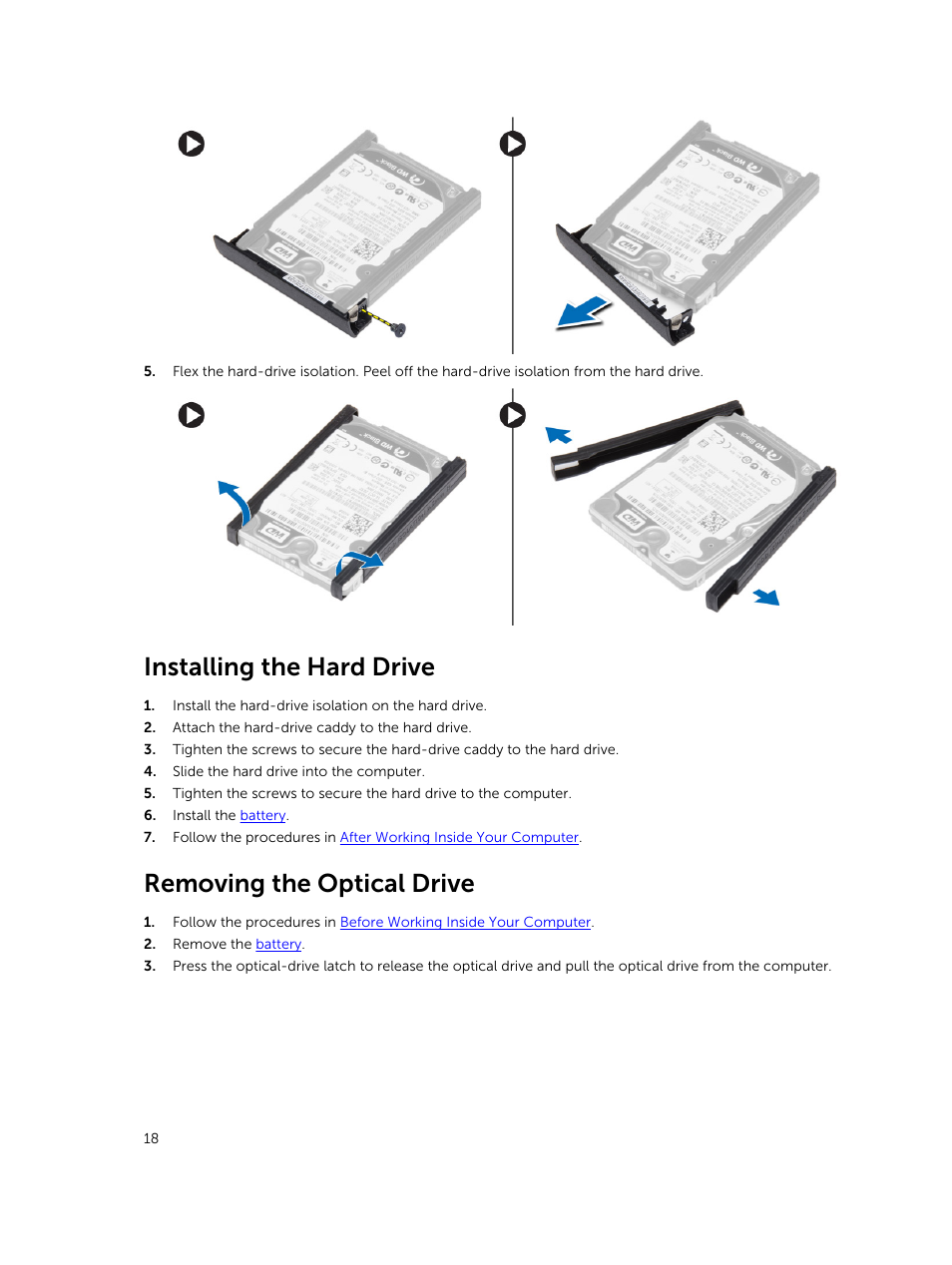 Installing the hard drive, Removing the optical drive | Dell Precision M2800 (Early 2014) User Manual | Page 18 / 73