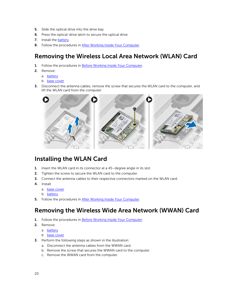 Installing the wlan card | Dell Precision M2800 (Early 2014) User Manual | Page 20 / 73