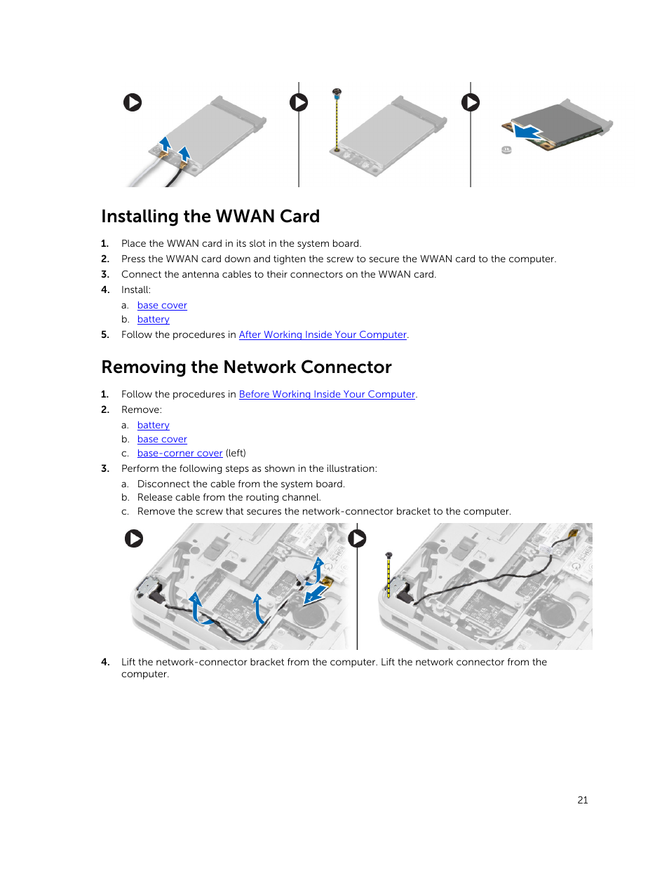 Installing the wwan card, Removing the network connector | Dell Precision M2800 (Early 2014) User Manual | Page 21 / 73