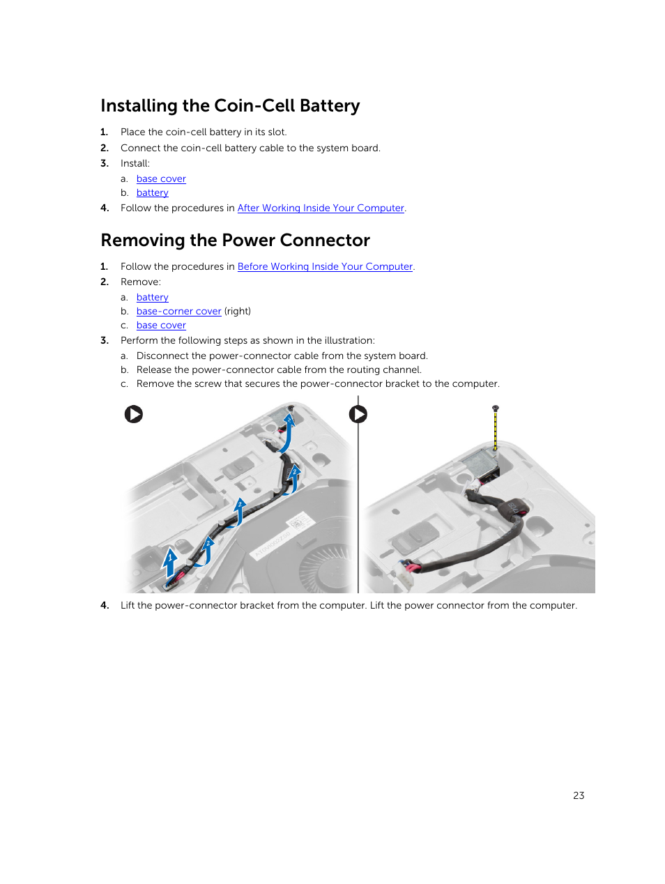 Installing the coin-cell battery, Removing the power connector | Dell Precision M2800 (Early 2014) User Manual | Page 23 / 73