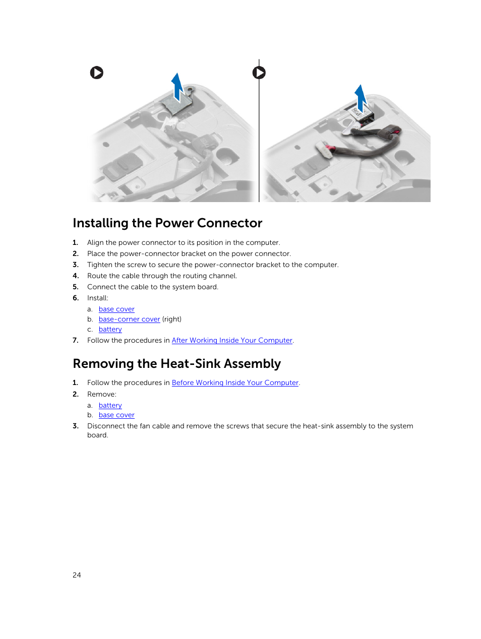 Installing the power connector, Removing the heat-sink assembly | Dell Precision M2800 (Early 2014) User Manual | Page 24 / 73