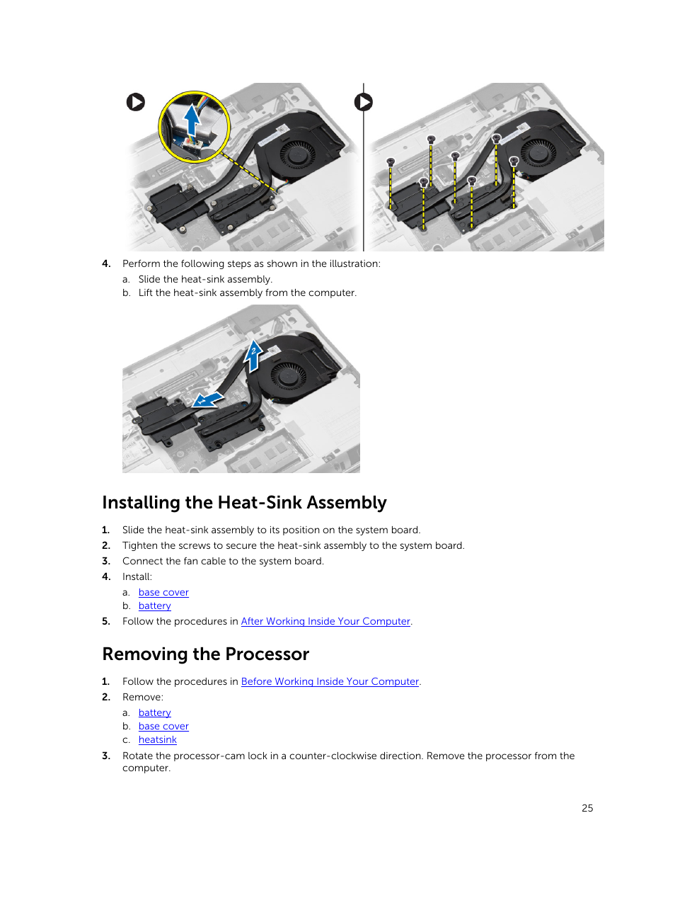 Installing the heat-sink assembly, Removing the processor | Dell Precision M2800 (Early 2014) User Manual | Page 25 / 73