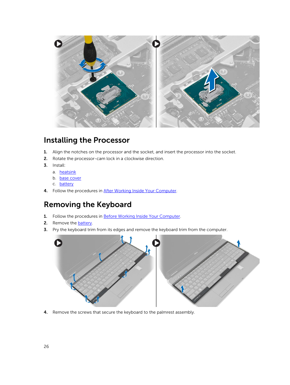 Installing the processor, Removing the keyboard | Dell Precision M2800 (Early 2014) User Manual | Page 26 / 73