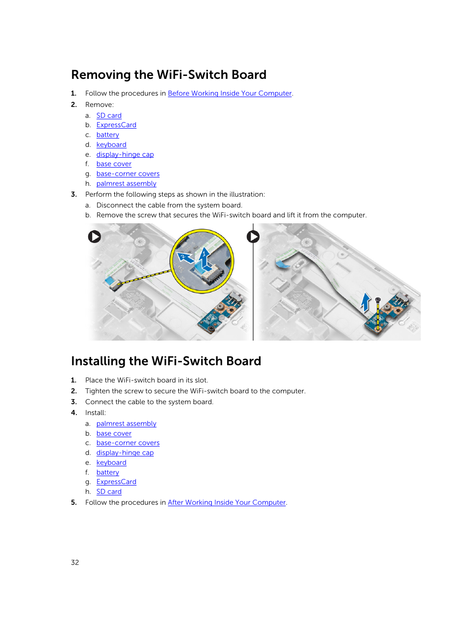 Removing the wifi-switch board, Installing the wifi-switch board | Dell Precision M2800 (Early 2014) User Manual | Page 32 / 73