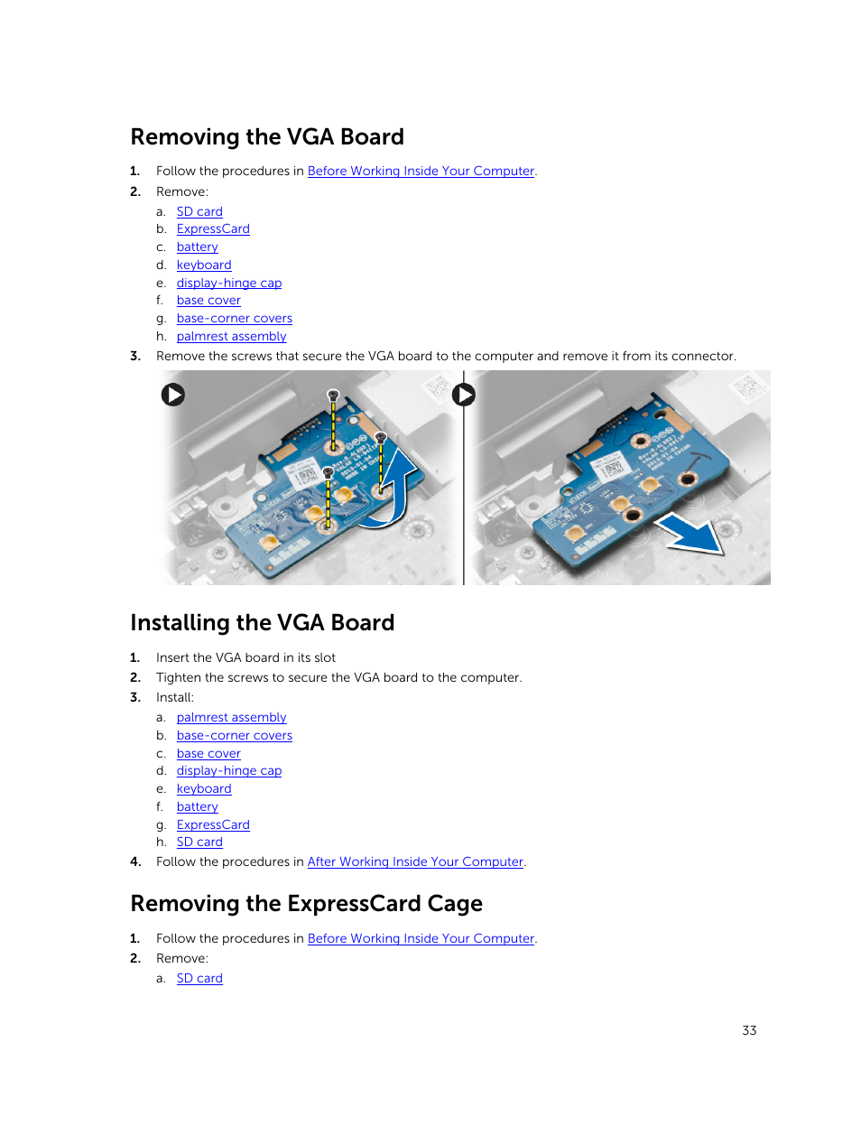 Removing the vga board, Installing the vga board, Removing the expresscard cage | Dell Precision M2800 (Early 2014) User Manual | Page 33 / 73