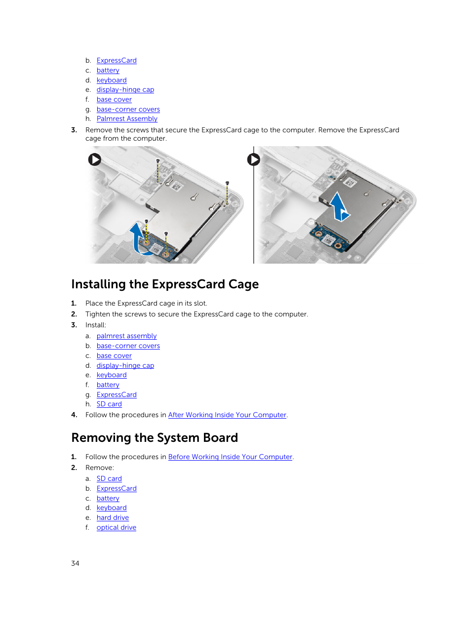 Installing the expresscard cage, Removing the system board | Dell Precision M2800 (Early 2014) User Manual | Page 34 / 73