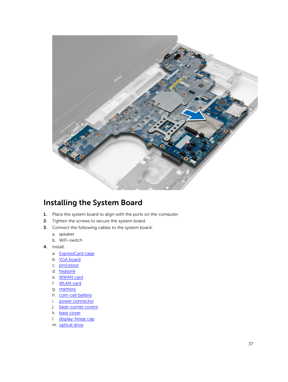 Installing the system board | Dell Precision M2800 (Early 2014) User Manual | Page 37 / 73