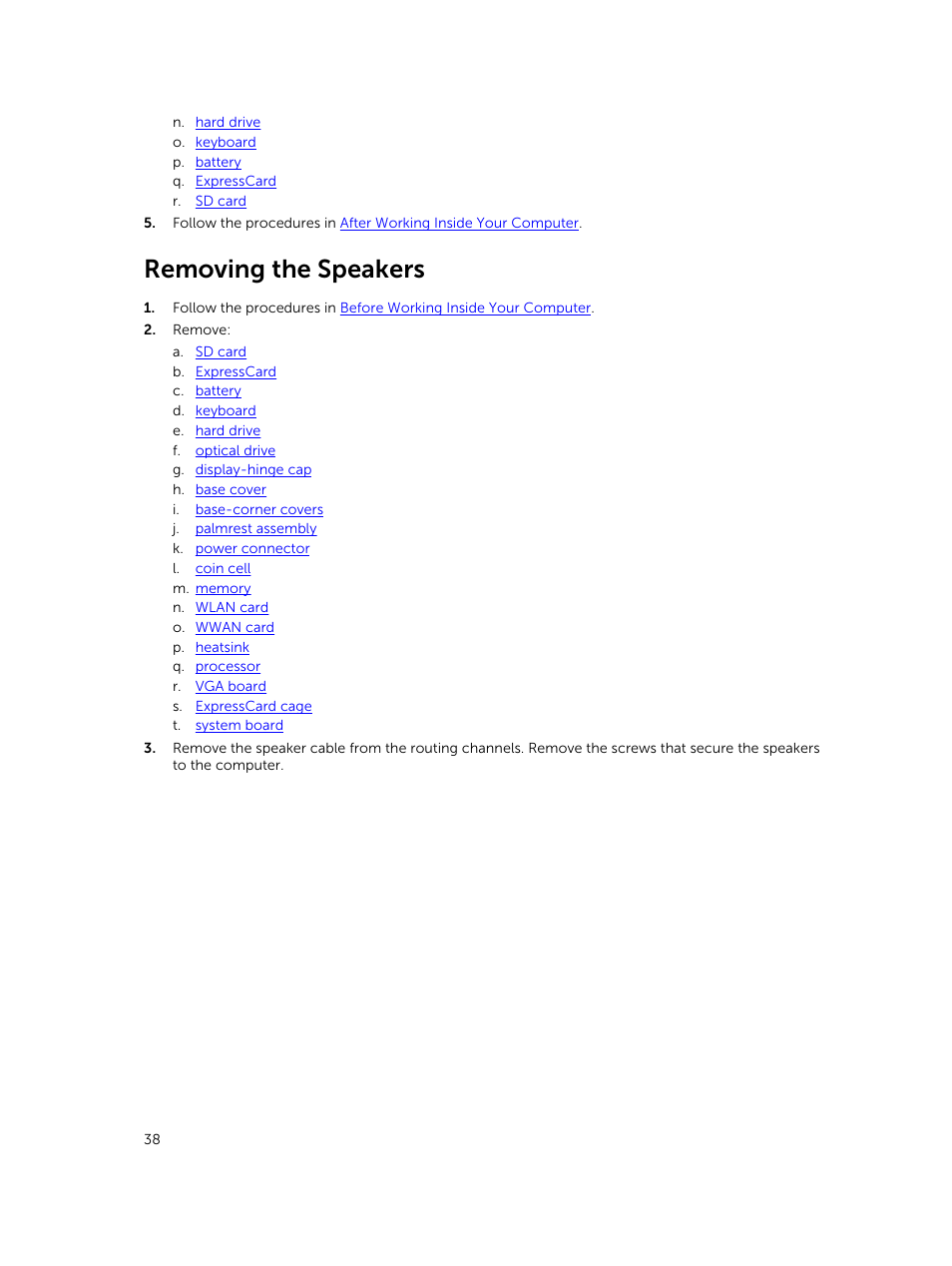 Removing the speakers | Dell Precision M2800 (Early 2014) User Manual | Page 38 / 73