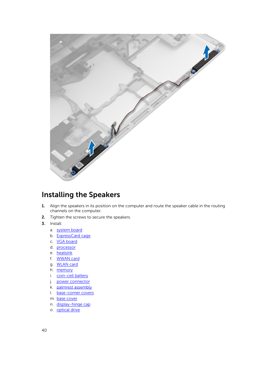 Installing the speakers | Dell Precision M2800 (Early 2014) User Manual | Page 40 / 73