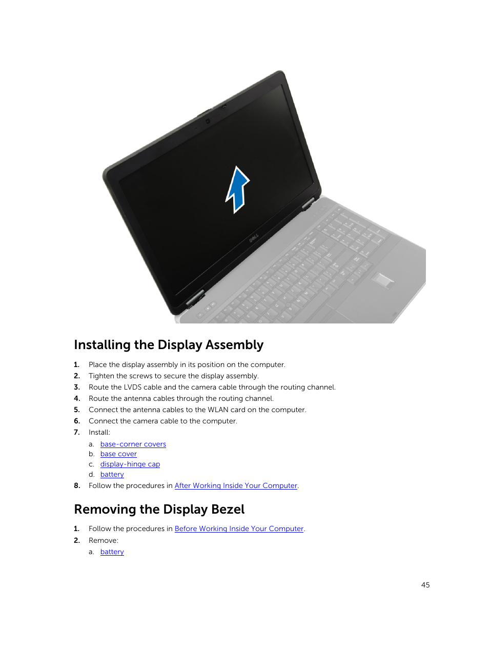 Installing the display assembly, Removing the display bezel | Dell Precision M2800 (Early 2014) User Manual | Page 45 / 73