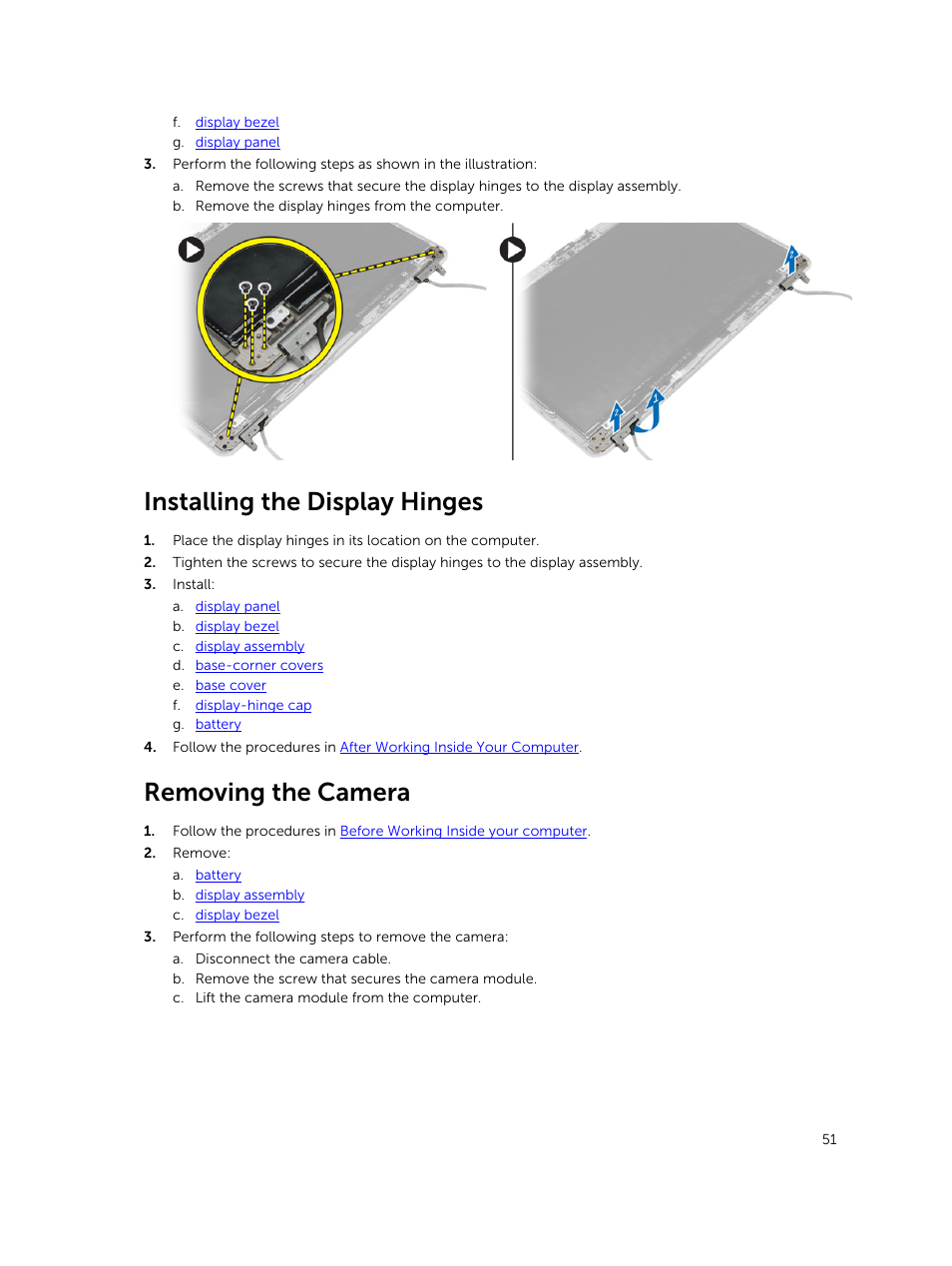 Installing the display hinges, Removing the camera | Dell Precision M2800 (Early 2014) User Manual | Page 51 / 73