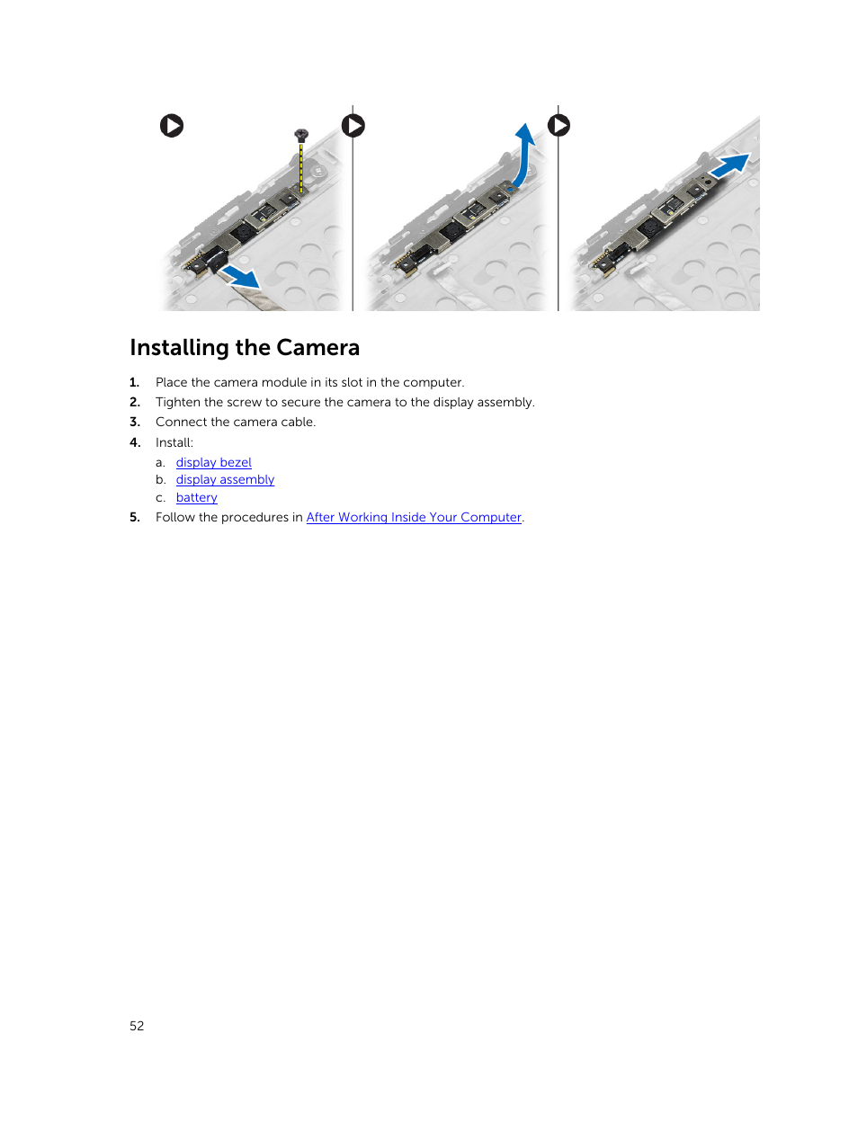 Installing the camera | Dell Precision M2800 (Early 2014) User Manual | Page 52 / 73