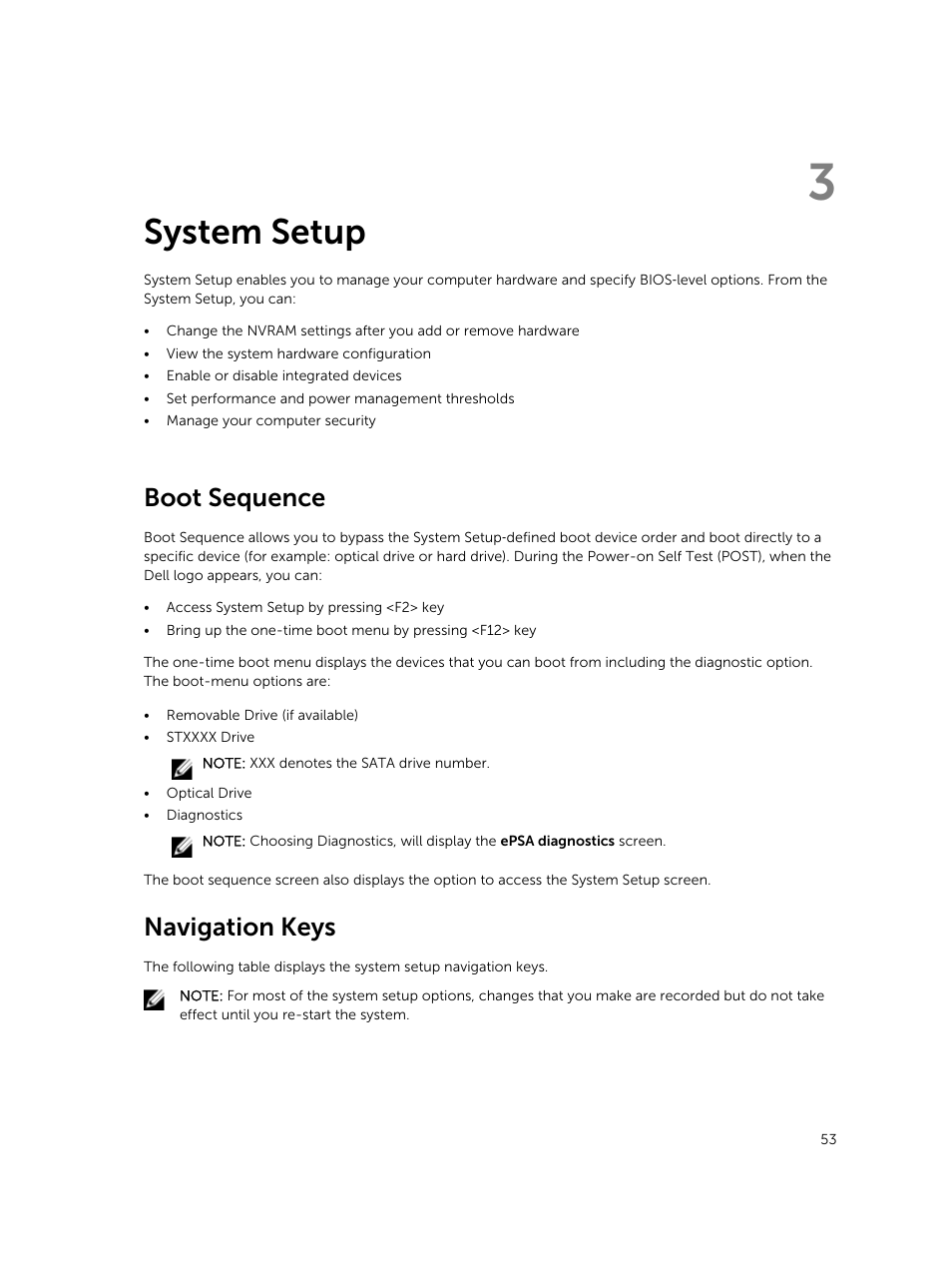System setup, Boot sequence, Navigation keys | 3 system setup | Dell Precision M2800 (Early 2014) User Manual | Page 53 / 73