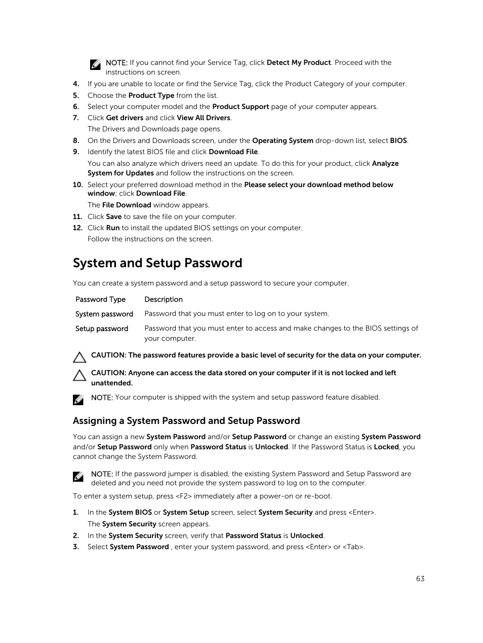 System and setup password, Assigning a system password and setup password | Dell Precision M2800 (Early 2014) User Manual | Page 63 / 73