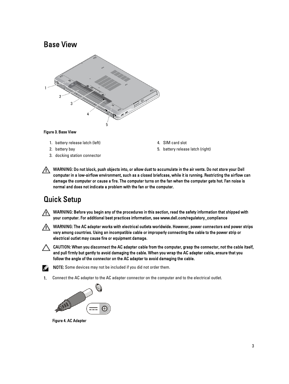 Base view, Quick setup | Dell Latitude E6440 (Late 2013) User Manual | Page 3 / 6