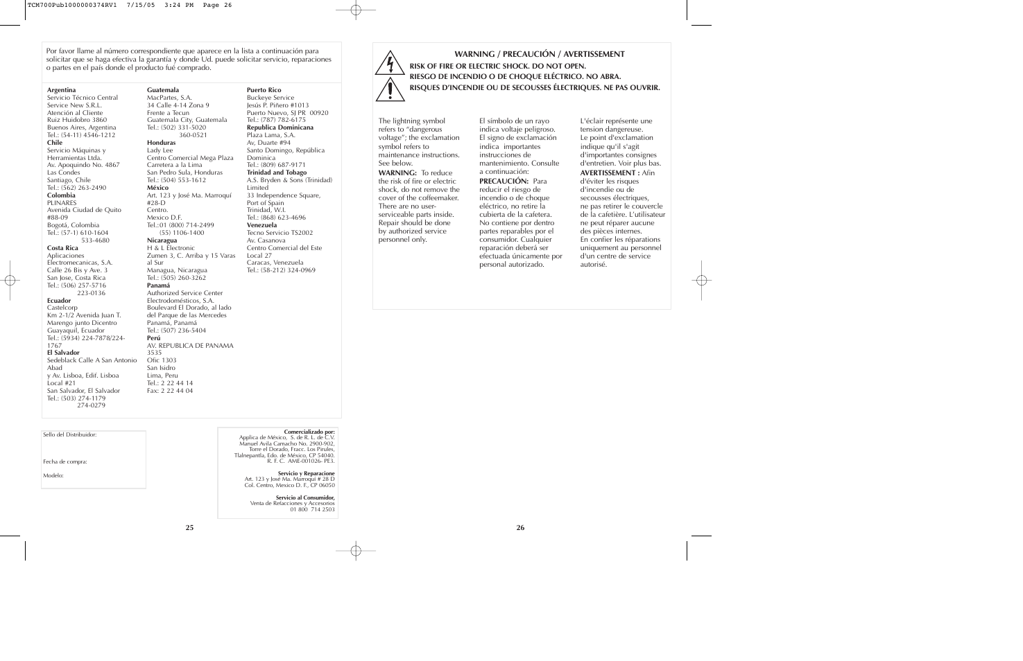 Warning / precaución / avertissement | Black & Decker TCM700 User Manual | Page 14 / 15