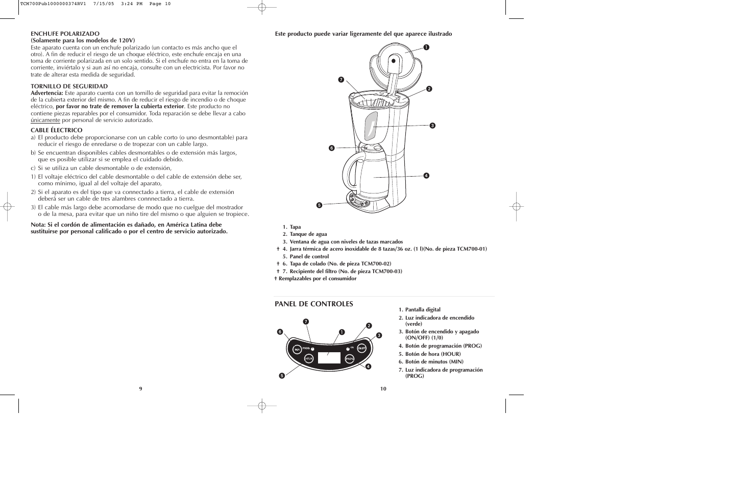 Panel de controles | Black & Decker TCM700 User Manual | Page 6 / 15