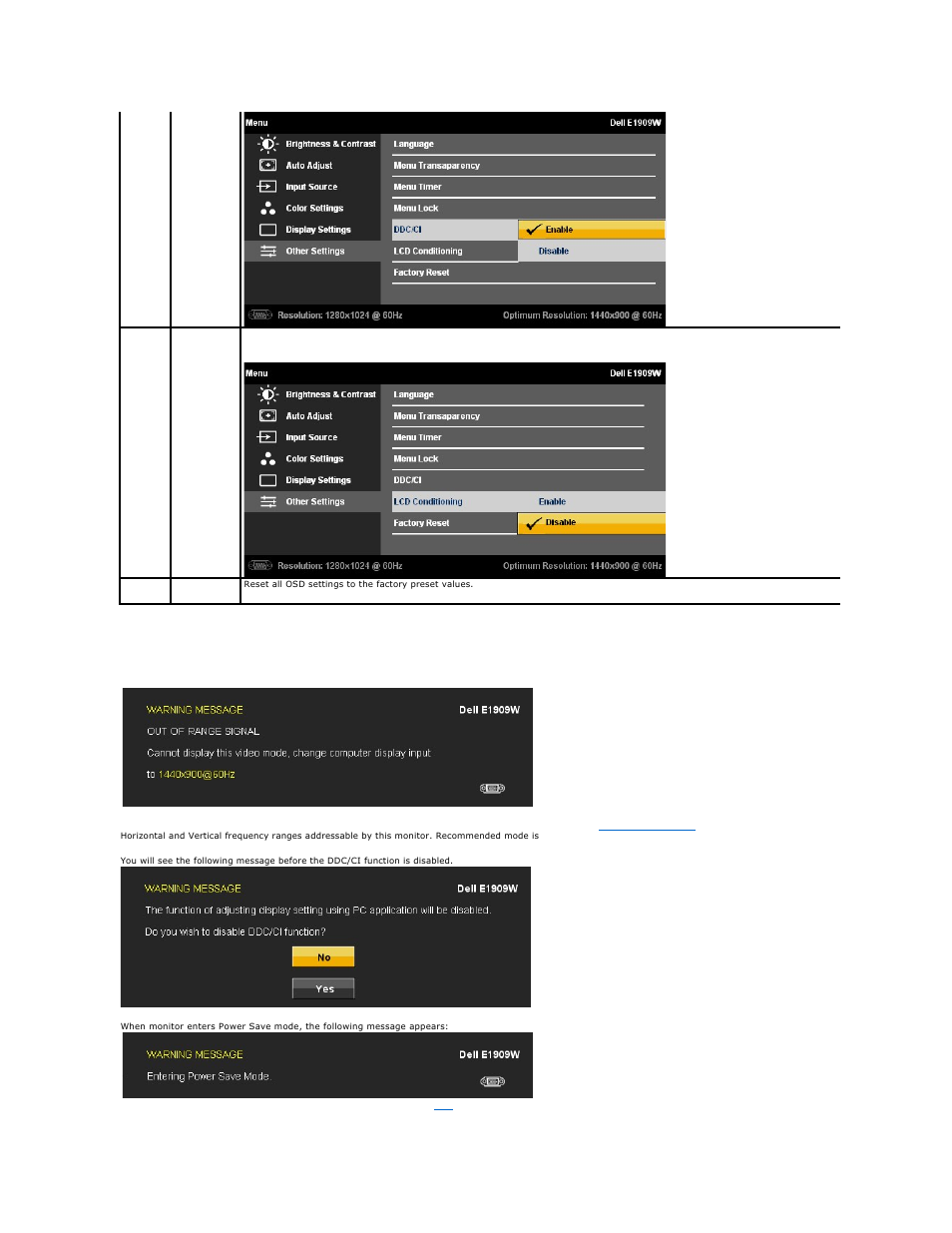 Osd warning messages | Dell E1909Wb Monitor User Manual | Page 19 / 30