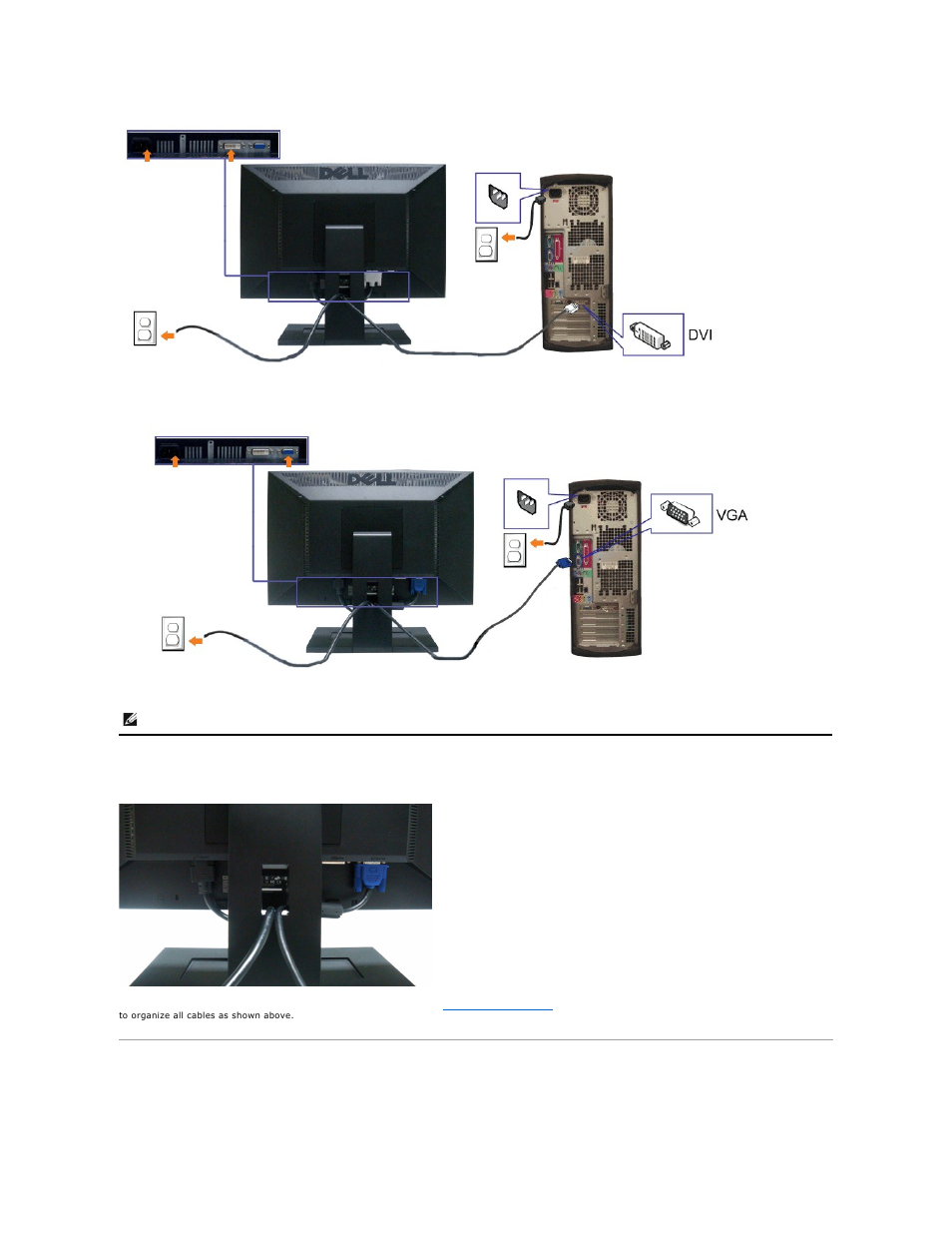 Organizing your cables, Attaching the soundbar (optional), Attaching the dell soundbar | Connecting the blue vga cable | Dell E1909Wb Monitor User Manual | Page 25 / 30