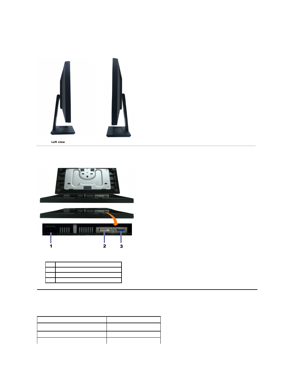 Monitor specifications, Side view, Bottom view | Flat panel specifications | Dell E1909Wb Monitor User Manual | Page 5 / 30