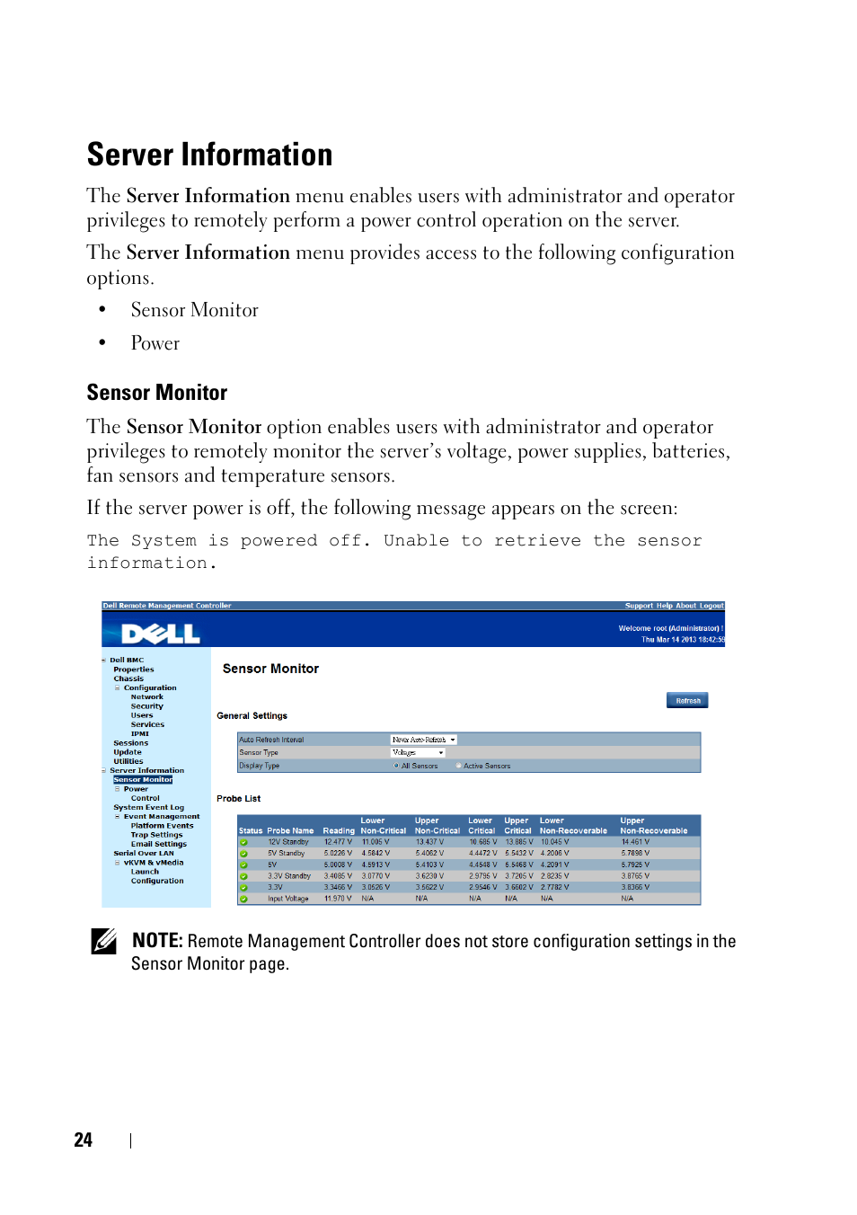 Server information, Sensor monitor | Dell PowerEdge C8000 User Manual | Page 24 / 78