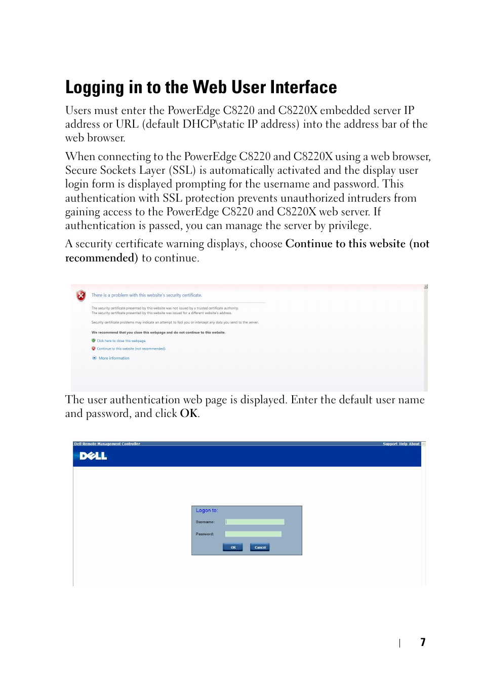 Logging in to the web user interface | Dell PowerEdge C8000 User Manual | Page 7 / 78