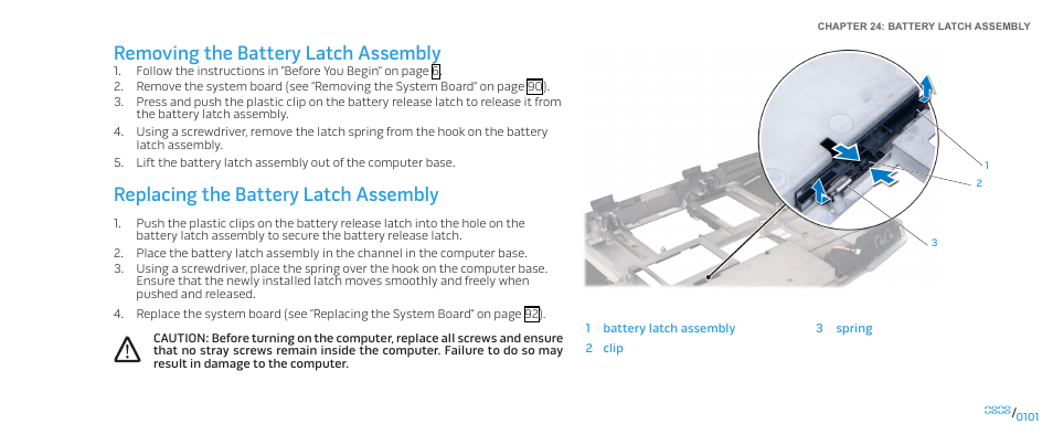 Removing the battery latch assembly, Replacing the battery latch assembly | Dell Alienware M17x (Mid 2009) User Manual | Page 101 / 104