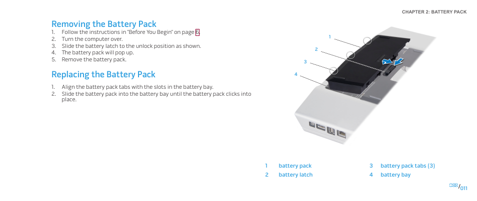 Removing the battery pack, Replacing the battery pack | Dell Alienware M17x (Mid 2009) User Manual | Page 11 / 104