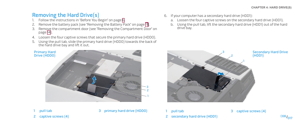 Removing the hard drive(s) | Dell Alienware M17x (Mid 2009) User Manual | Page 17 / 104