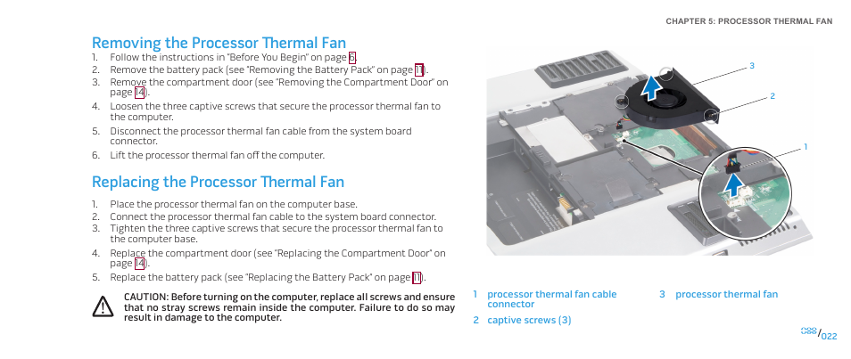 Removing the processor thermal fan, Replacing the processor thermal fan | Dell Alienware M17x (Mid 2009) User Manual | Page 22 / 104