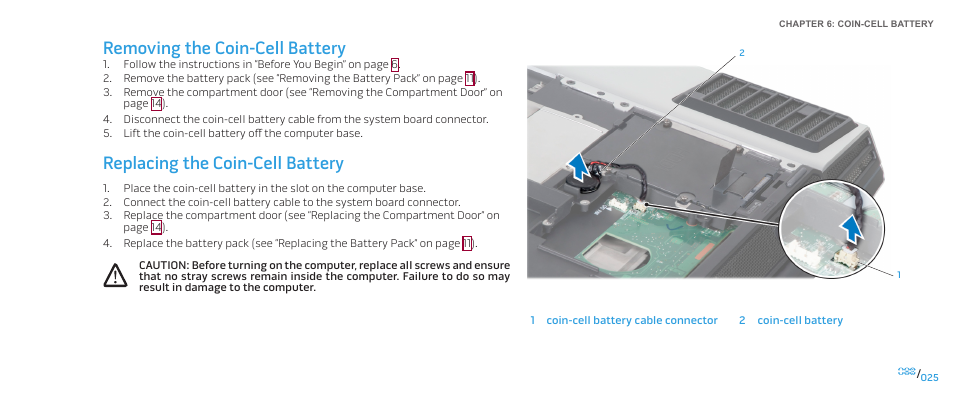 Removing the coin-cell battery, Replacing the coin-cell battery | Dell Alienware M17x (Mid 2009) User Manual | Page 25 / 104