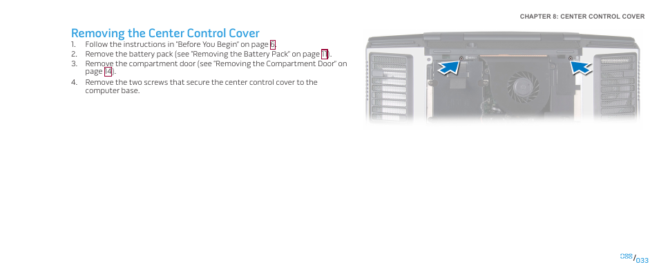 Removing the center control cover | Dell Alienware M17x (Mid 2009) User Manual | Page 33 / 104