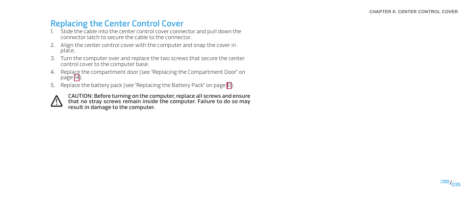 Replacing the center control cover | Dell Alienware M17x (Mid 2009) User Manual | Page 35 / 104
