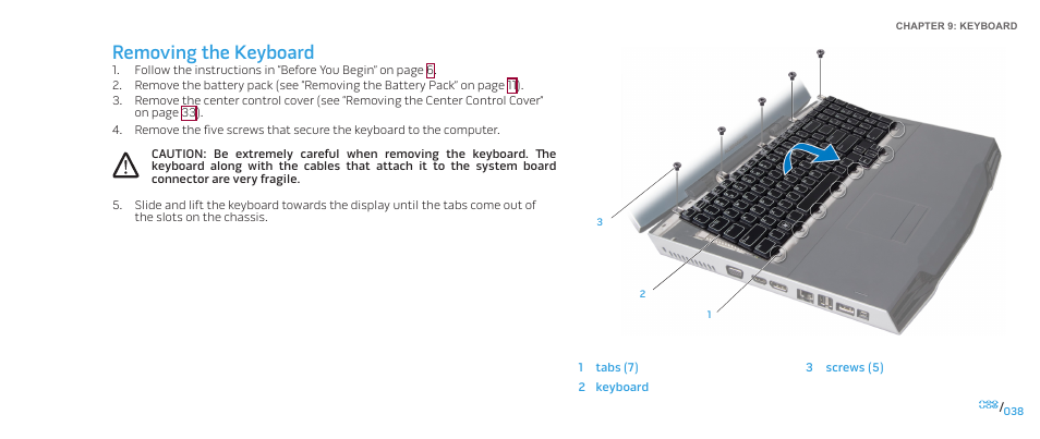 Removing the keyboard | Dell Alienware M17x (Mid 2009) User Manual | Page 38 / 104