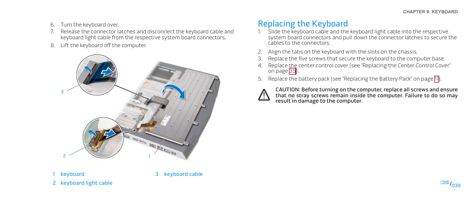 Replacing the keyboard | Dell Alienware M17x (Mid 2009) User Manual | Page 39 / 104