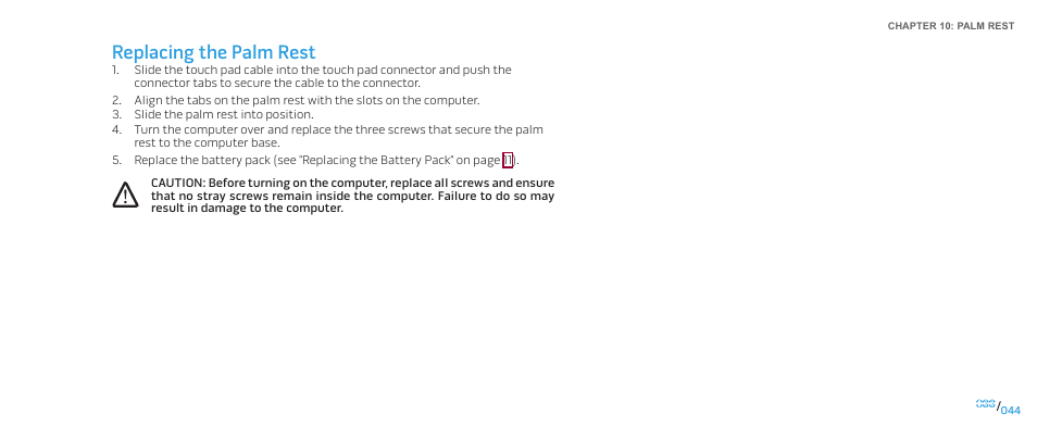 Replacing the palm rest | Dell Alienware M17x (Mid 2009) User Manual | Page 44 / 104