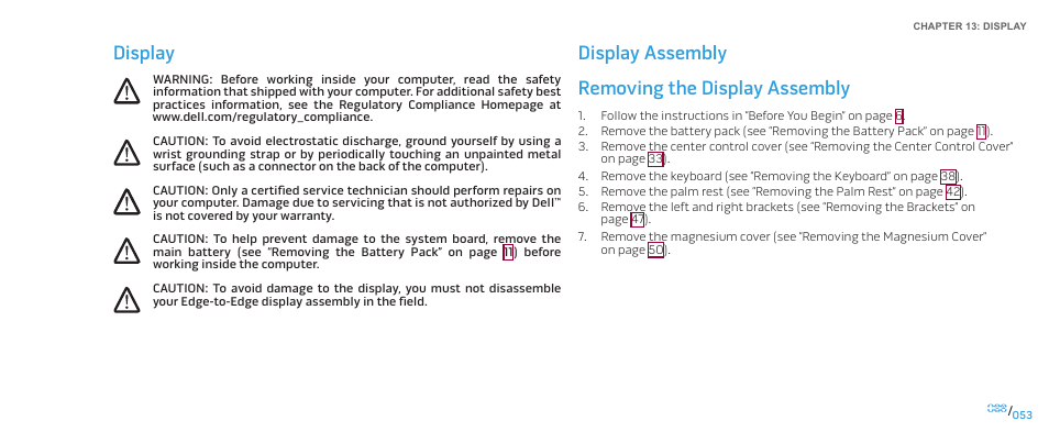 Removing the display assembly, Display assembly removing the display assembly, Display | Dell Alienware M17x (Mid 2009) User Manual | Page 53 / 104