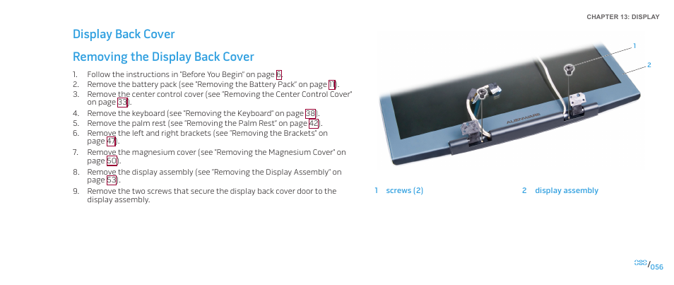 Removing the display back cover, Display back cover removing the display back cover | Dell Alienware M17x (Mid 2009) User Manual | Page 56 / 104