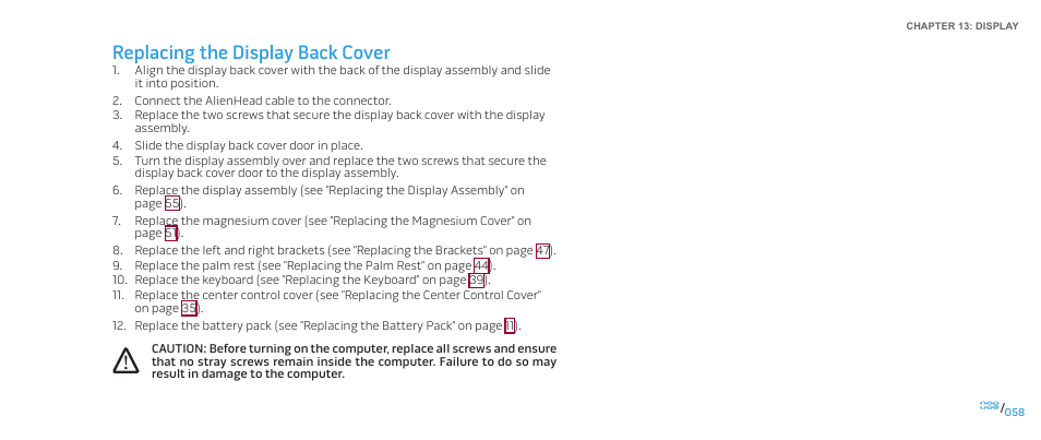 Replacing the display back cover | Dell Alienware M17x (Mid 2009) User Manual | Page 58 / 104