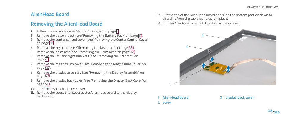 Removing the alienhead board, Alienhead board removing the alienhead board | Dell Alienware M17x (Mid 2009) User Manual | Page 59 / 104