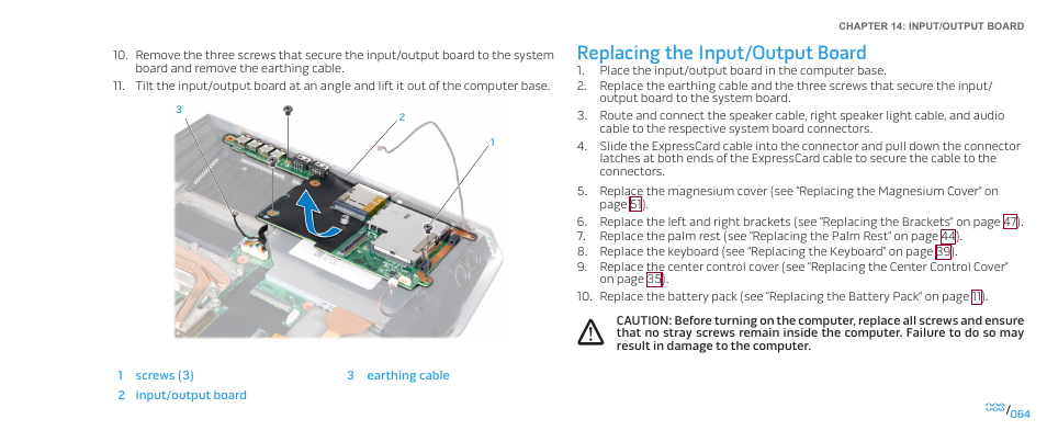 Replacing the input/output board | Dell Alienware M17x (Mid 2009) User Manual | Page 64 / 104