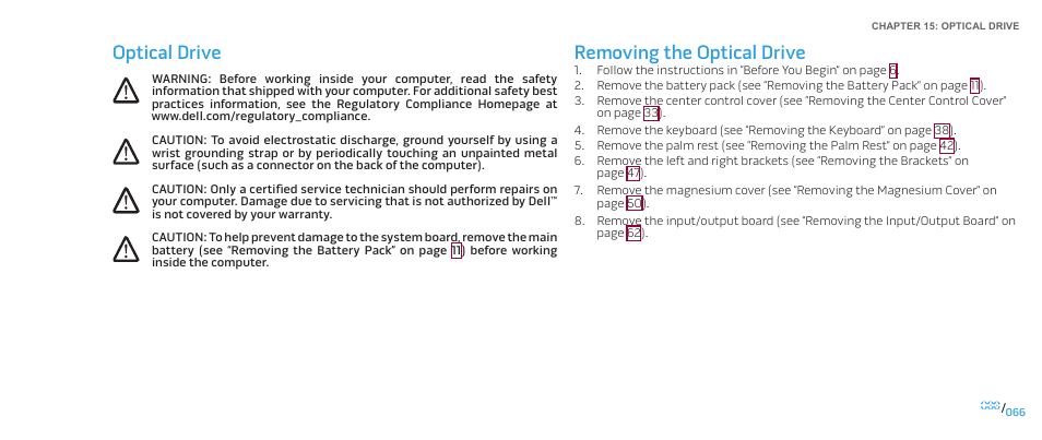 Removing the optical drive, Optical drive | Dell Alienware M17x (Mid 2009) User Manual | Page 66 / 104