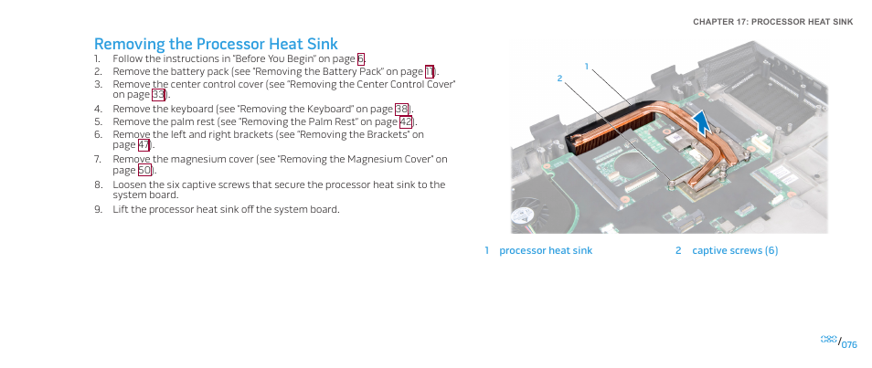 Removing the processor heat sink | Dell Alienware M17x (Mid 2009) User Manual | Page 76 / 104