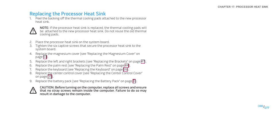 Replacing the processor heat sink | Dell Alienware M17x (Mid 2009) User Manual | Page 77 / 104