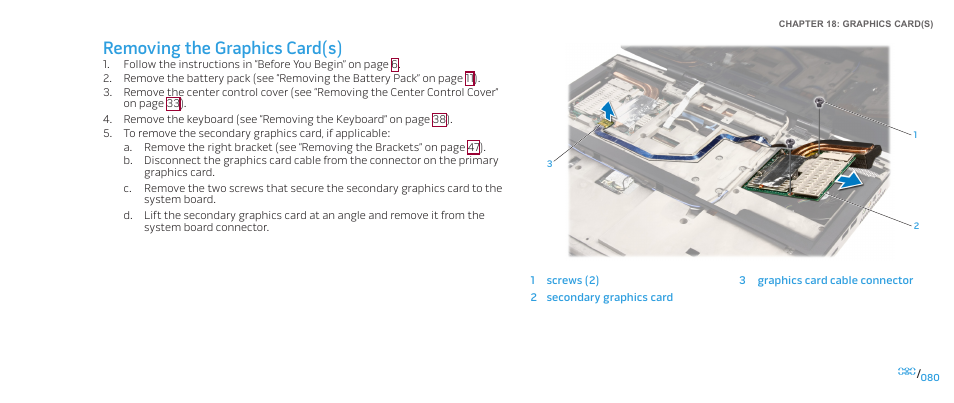 Removing the graphics card(s) | Dell Alienware M17x (Mid 2009) User Manual | Page 80 / 104