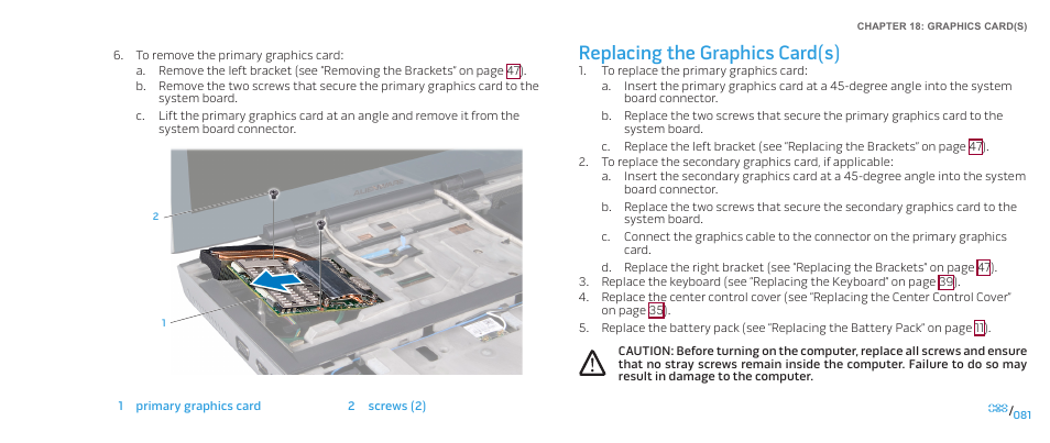 Replacing the graphics card(s) | Dell Alienware M17x (Mid 2009) User Manual | Page 81 / 104