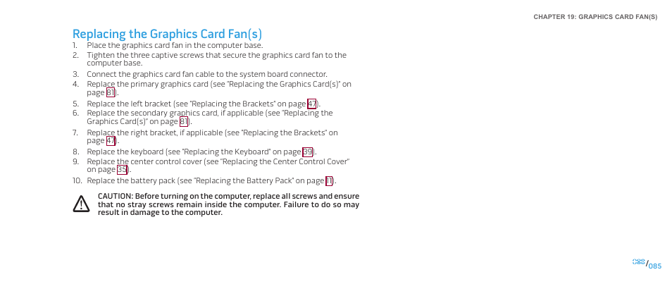 Replacing the graphics card fan(s) | Dell Alienware M17x (Mid 2009) User Manual | Page 85 / 104