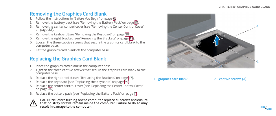 Removing the graphics card blank, Replacing the graphics card blank | Dell Alienware M17x (Mid 2009) User Manual | Page 88 / 104